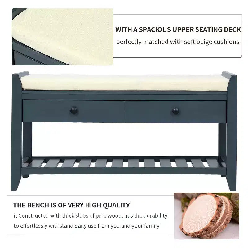 Banc de rangement d'entrée avec étagère à chaussures, 2 tiroirs et coussin, banc à chaussures pour entrée, couloir, hall d'entrée, salon, banc de bout de lit pour chambre à coucher
