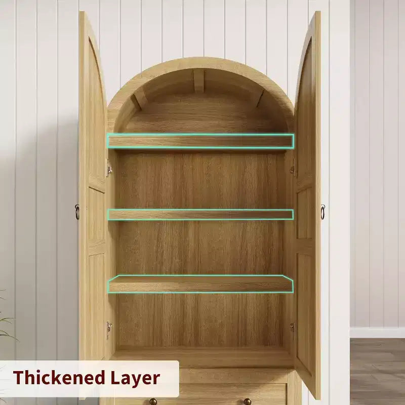 Meuble de cuisine de 72 po de haut avec portes et tiroirs en bois/verre, étagères de rangement en bois, grande armoire autoportante de style ferme pour la salle à manger