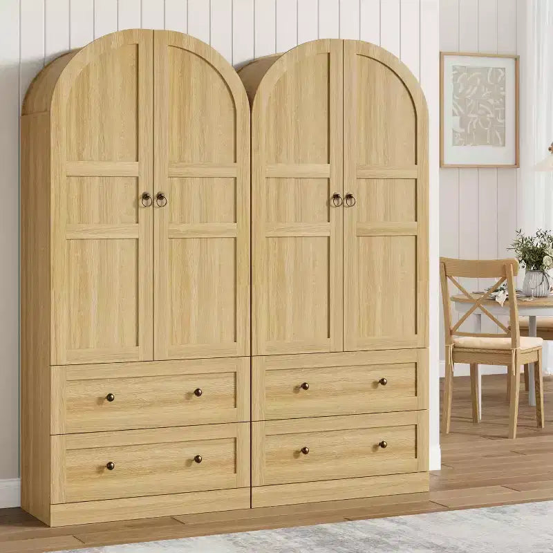Meuble de cuisine de 72 po de haut avec portes et tiroirs en bois/verre, étagères de rangement en bois, grande armoire autoportante de style ferme pour la salle à manger