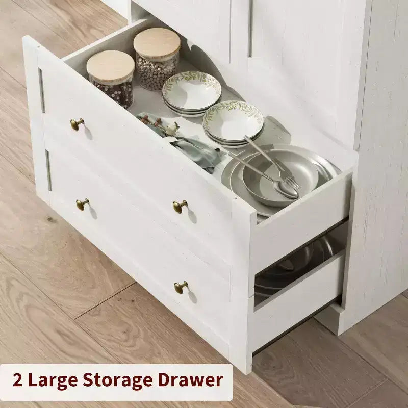 Meuble de cuisine de 72 po de haut avec portes et tiroirs en bois/verre, étagères de rangement en bois, grande armoire autoportante de style ferme pour la salle à manger