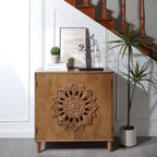 Okak Accent Storage Cabinet with Floral Hand-Carved and Wooden 2-Door, Entryway Cabinet for Living Room, Kitchen, Brown