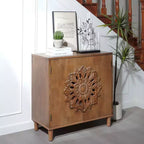 Meuble de rangement Okak avec portes 2 en bois et motif floral sculpté à la main, meuble d'entrée pour salon, cuisine, marron