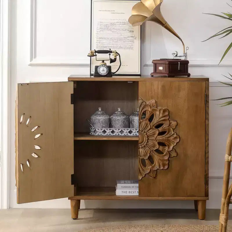 Meuble de rangement Okak avec portes 2 en bois et motif floral sculpté à la main, meuble d'entrée pour salon, cuisine, marron