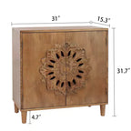 Meuble de rangement Okak avec portes 2 en bois et motif floral sculpté à la main, meuble d'entrée pour salon, cuisine, marron