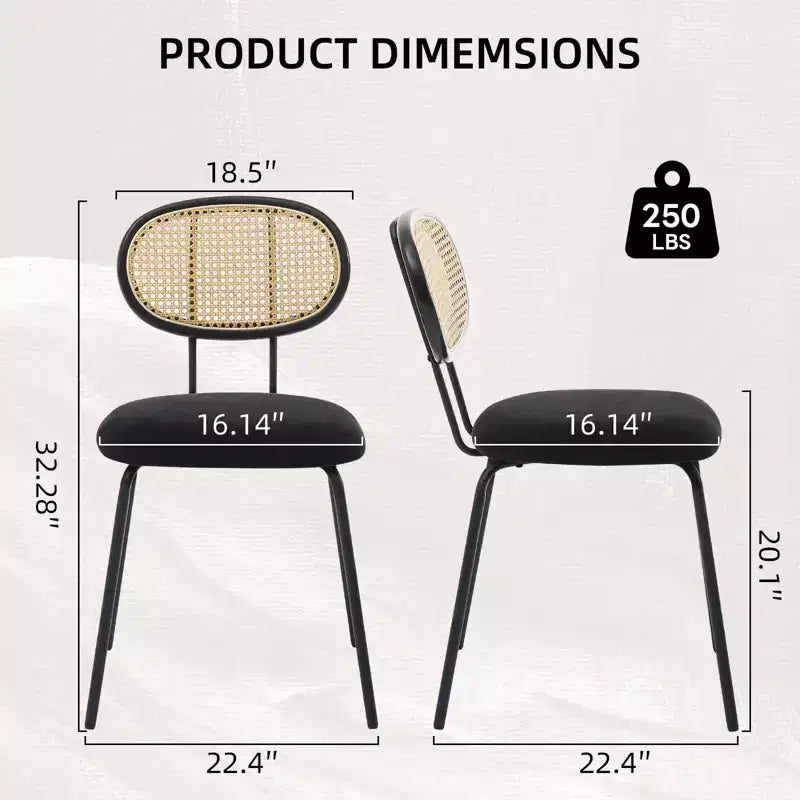 Lot de 2 chaises de salle à manger - Rembourrage en velours, style moderne du milieu du siècle, dossier en rotin, pieds en métal robustes, parfaites pour la cuisine, le salon, la réception.
