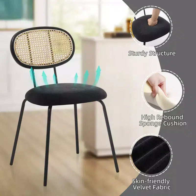 Lot de 2 chaises de salle à manger - Rembourrage en velours, style moderne du milieu du siècle, dossier en rotin, pieds en métal robustes, parfaites pour la cuisine, le salon, la réception.