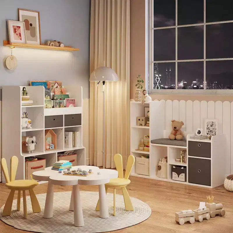 Étagère pour livres pour enfantsBibliothèque pour enfants avec coussin d'assise doux Meuble de rangement pour jouets et coin lecture pour enfants, Meuble de rangement pour enfants de 112 cm