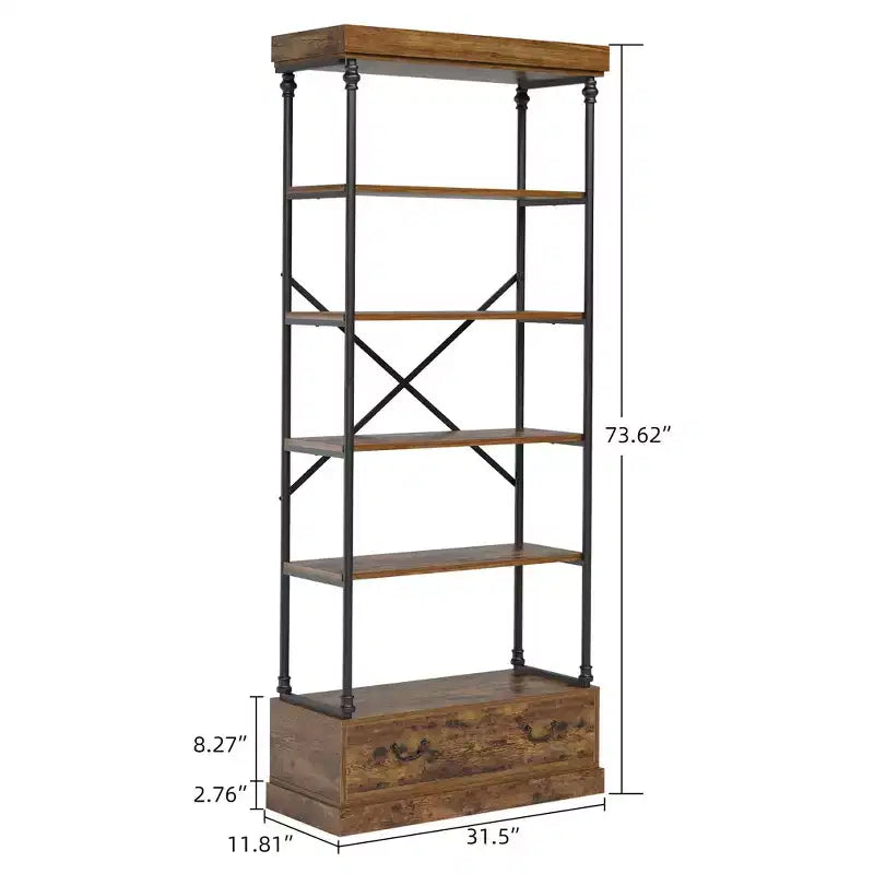 Étagère vintage à 5 niveaux COZONY avec tiroir – Bibliothèque haute industrielle avec cadre en métal pour salon, bureau