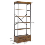 Étagère vintage à 5 niveaux COZONY avec tiroir – Bibliothèque haute industrielle avec cadre en métal pour salon, bureau