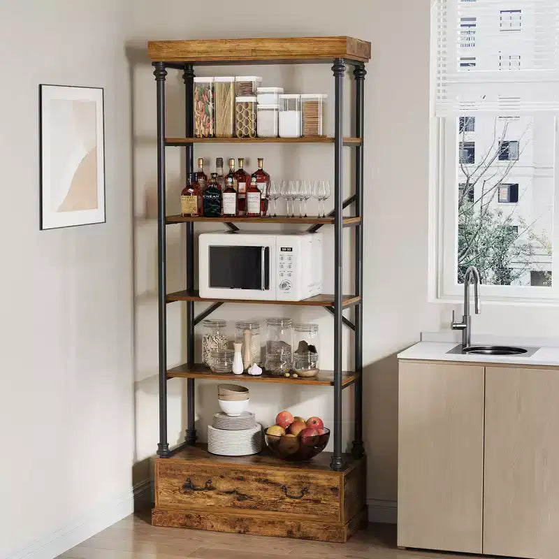 Étagère vintage à 5 niveaux COZONY avec tiroir – Bibliothèque haute industrielle avec cadre en métal pour salon, bureau