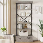 Étagère vintage à 5 niveaux COZONY avec tiroir – Bibliothèque haute industrielle avec cadre en métal pour salon, bureau