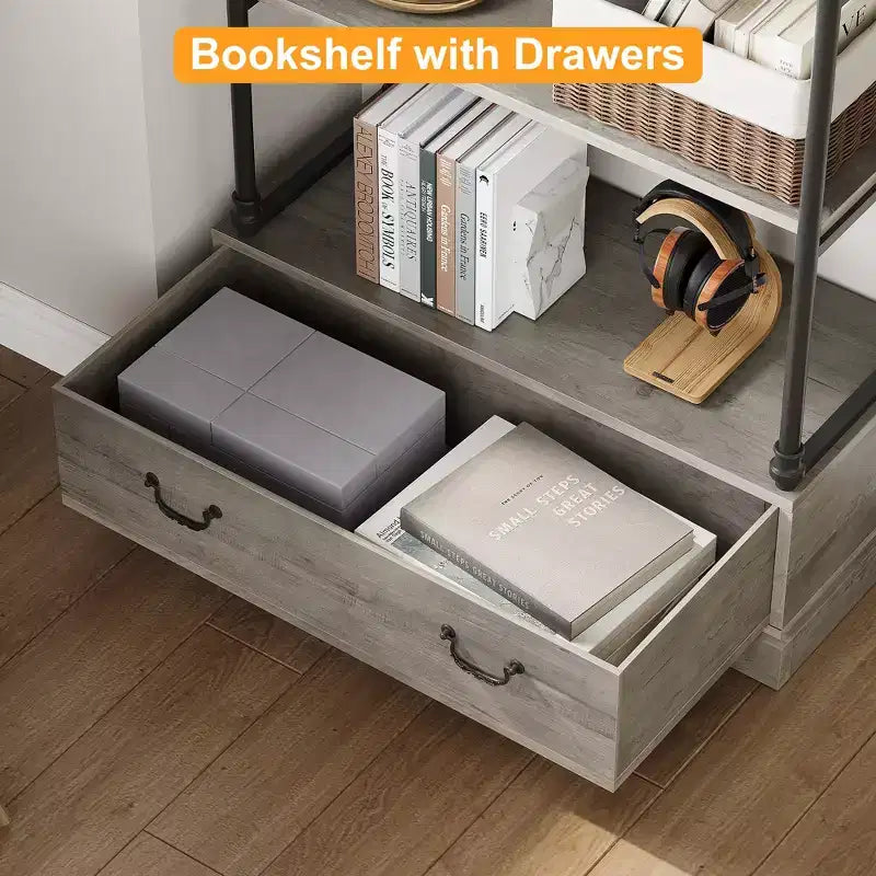 Étagère vintage à 5 niveaux COZONY avec tiroir – Bibliothèque haute industrielle avec cadre en métal pour salon, bureau