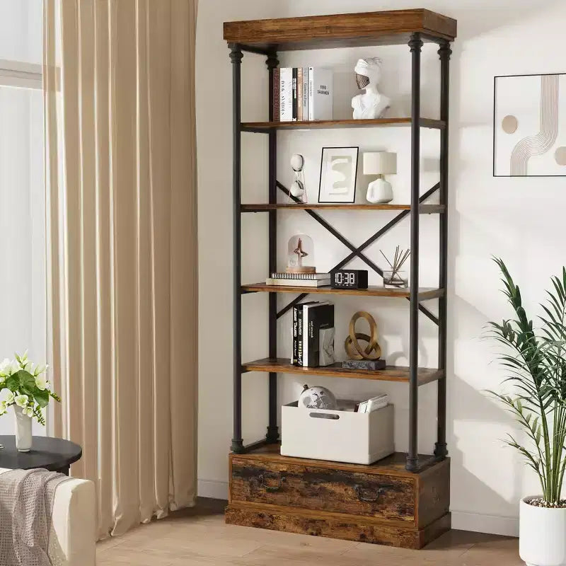Étagère vintage à 5 niveaux COZONY avec tiroir – Bibliothèque haute industrielle avec cadre en métal pour salon, bureau