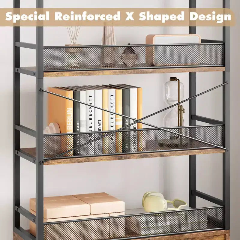 70.87 Bibliothèque industrielle avec portes, étagère de rangement ouverte rustique à 4 niveaux, étagère de présentation de style ferme pour chambre, salon, bureau à domicile, marron