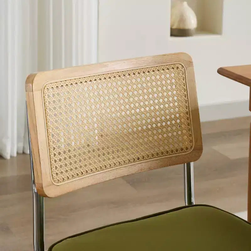 Lot de 2 chaises de salle à manger modernes du milieu du siècle, vert olive, chaises d'appoint en velours avec dossier en rotin naturel et piètement en chrome inoxydable