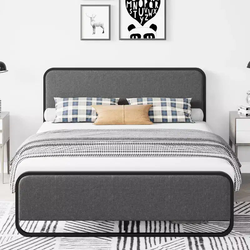 Cadre de lit Queen, Cadre de lit Queen rembourré avec tête de lit, pied de lit, rangement sous le lit, Cadre de lit moderne silencieux avec métal robuste