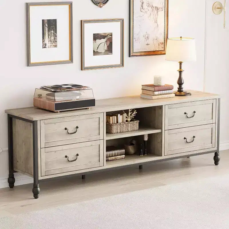 Meuble TV moderne du milieu du siècle de 70 pouces, meuble de divertissement avec colonnes romaines en métal et tiroir, console TV pour salon gris rustique