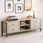 Meuble TV moderne du milieu du siècle de 70 pouces, meuble de divertissement avec colonnes romaines en métal et tiroir, console TV pour salon gris rustique
