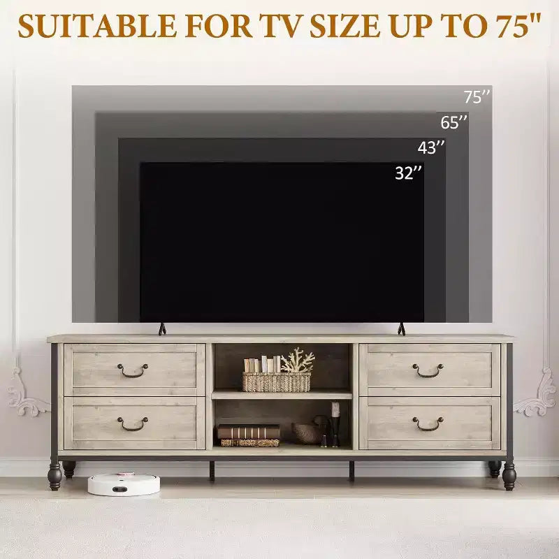 Meuble TV moderne du milieu du siècle de 70 pouces, meuble de divertissement avec colonnes romaines en métal et tiroir, console TV pour salon gris rustique
