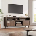 Meuble TV cannelé pour 75 pouces, meuble de divertissement bohème avec portes coulissantes, meuble multimédia en bois avec étagères réglables