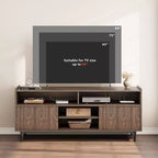 Meuble TV cannelé pour 75 pouces, meuble de divertissement bohème avec portes coulissantes, meuble multimédia en bois avec étagères réglables