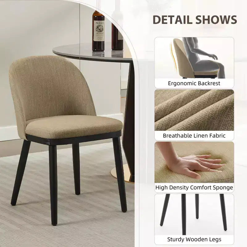 Chaises de salle à manger, lot de 2 chaises de cuisine rembourrées en lin – Chaises d'appoint modernes en bois avec coussins épais pour salle à manger, beige