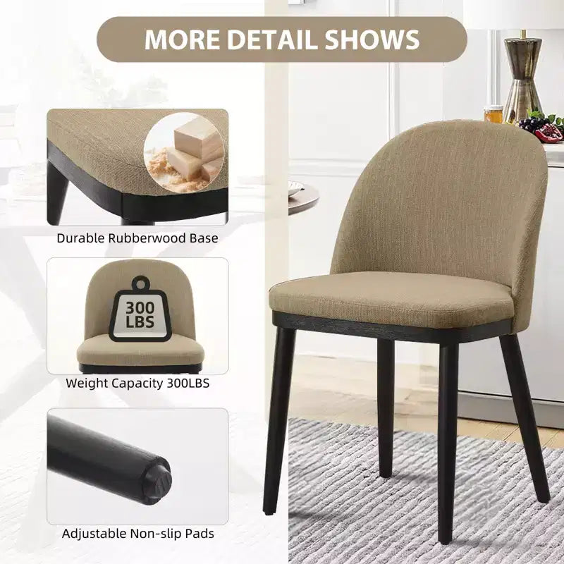 Chaises de salle à manger, lot de 2 chaises de cuisine rembourrées en lin – Chaises d'appoint modernes en bois avec coussins épais pour salle à manger, beige