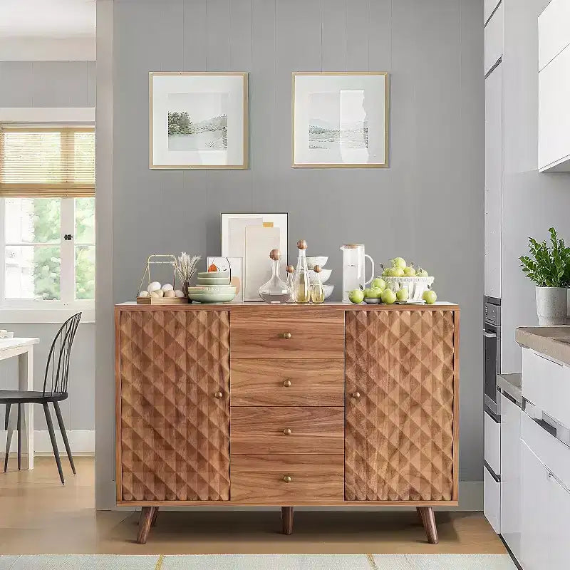Buffet de 120 cm de large avec 4 tiroirs, grand buffet avec rangement, buffet de ferme en bois avec 2 portes, pour la maison