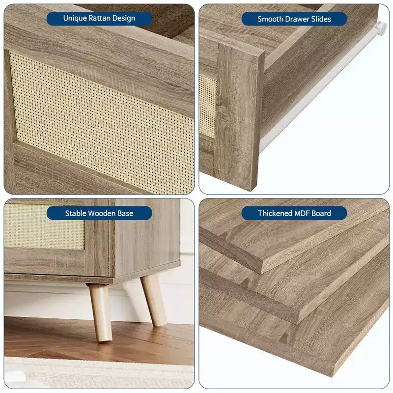 Commode à 8 tiroirs pour chambre à coucher, commode en rotin de 120 cm de large, commode de rangement en bois, meuble console TV pour salon ou couloir