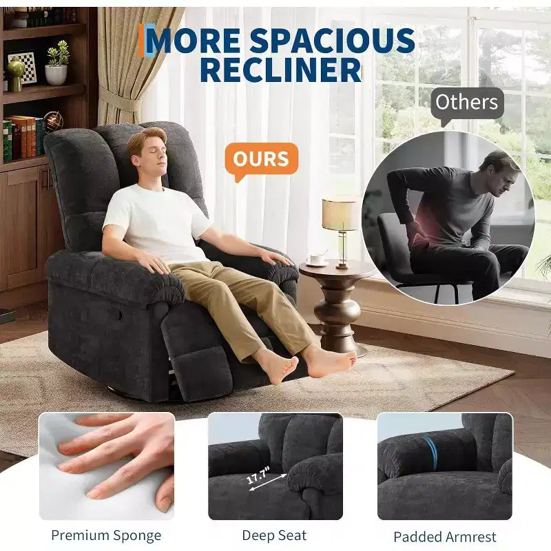 Fauteuil inclinable pivotant à 360° en chenille – Fauteuil à bascule manuel avec accoudoirs rembourrés pour salon et chambre d'enfant