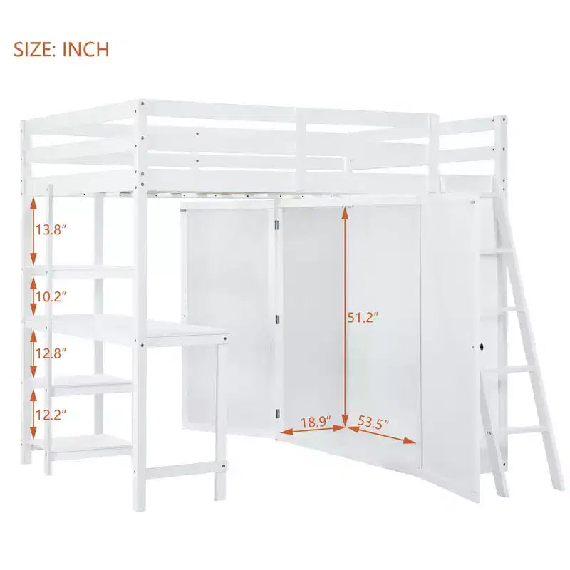 Lit mezzanine pleine grandeur avec armoire et bureau pour enfants, cadre de lit mezzanine haut en bois avec étagères de rangement