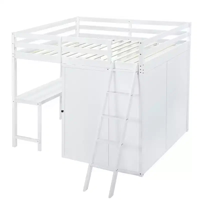 Lit mezzanine pleine grandeur avec armoire et bureau pour enfants, cadre de lit mezzanine haut en bois avec étagères de rangement