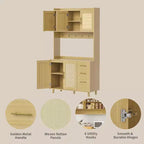 Meuble de bar à café en rotin CuisinSmart de 180 cm de haut, buffet de cuisine en bois avec 6 crochets, 3 tiroirs et 5 portes, meuble de rangement rustique pour salle à manger