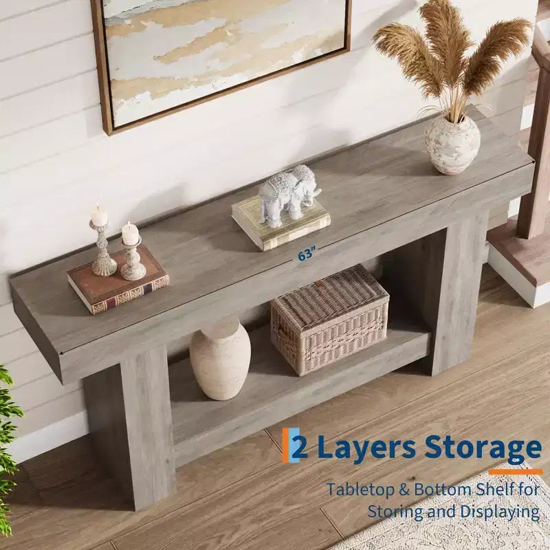 Coolmee Console 160 cm, Table de Console de Ferme pour Salon, Table de Canapé à 2 Niveaux avec Rangement, Table d'Entrée en Bois