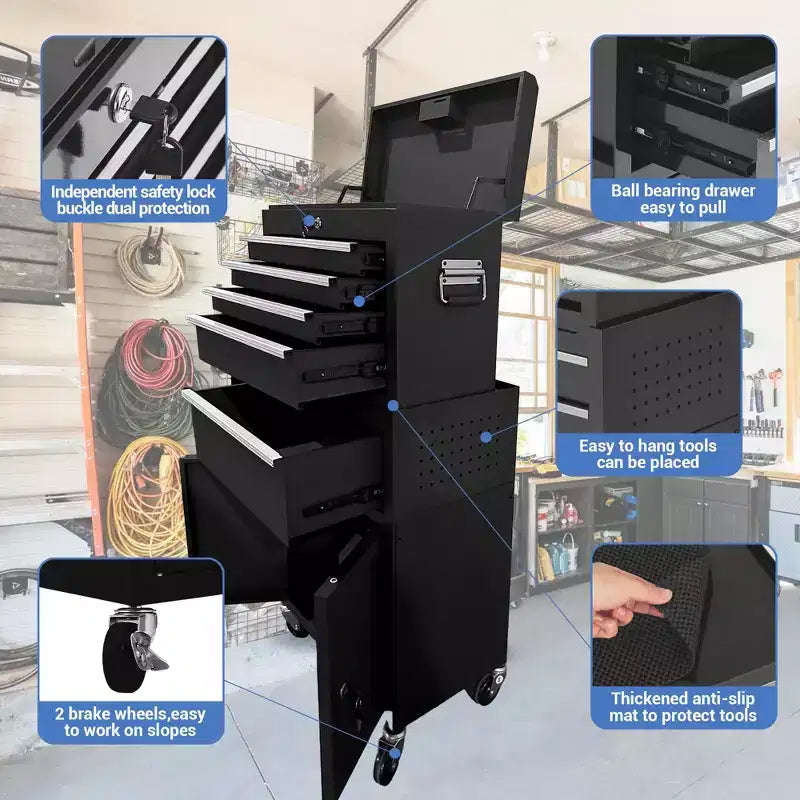 Servante d'atelier à roulettes avec coffre à outils supérieur détachable, chariot de rangement à 5 tiroirs avec 4 roues, résistant à la rouille pour garage et atelier