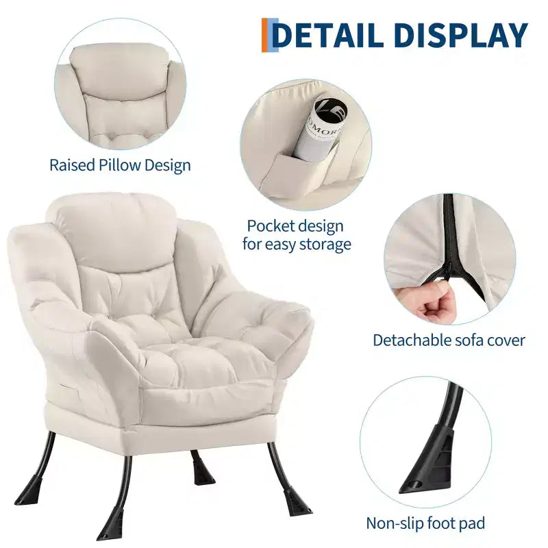 Fauteuil paresseux pour salon, grand fauteuil d'appoint moderne avec poche latérale, fauteuil de lecture confortable pour chambre à coucher, dortoir et bureau
