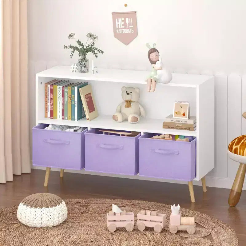 Bibliothèque pour enfants avec tiroirs en tissu pliables, présentoir à livres pour enfants, meuble de rangement pour jouets, blanc/violet