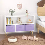 Bibliothèque pour enfants avec tiroirs en tissu pliables, présentoir à livres pour enfants, meuble de rangement pour jouets, blanc/violet