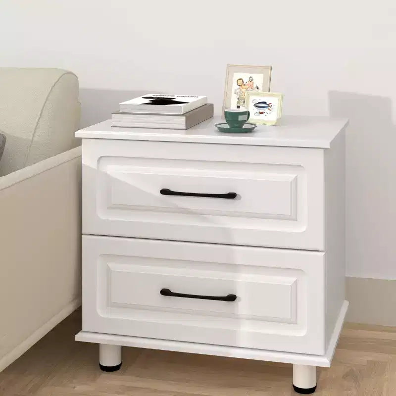 Sandinrayli Table de chevet blanche à 2 tiroirs, petite commode pour chambre à coucher, commode en bois avec poignées en acier, blanc