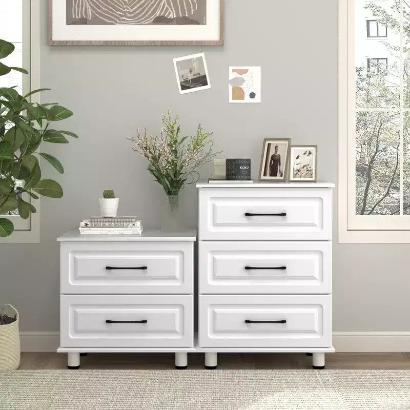 Sandinrayli Table de chevet blanche à 2 tiroirs, petite commode pour chambre à coucher, commode en bois avec poignées en acier, blanc