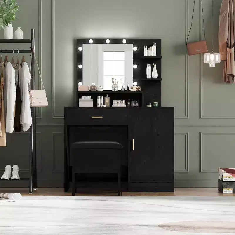 Acekool Ensemble de coiffeuse noire avec miroir, ampoules, tiroirs, étagères, tabouret rembourré, meuble de rangement, table de maquillage de chambre