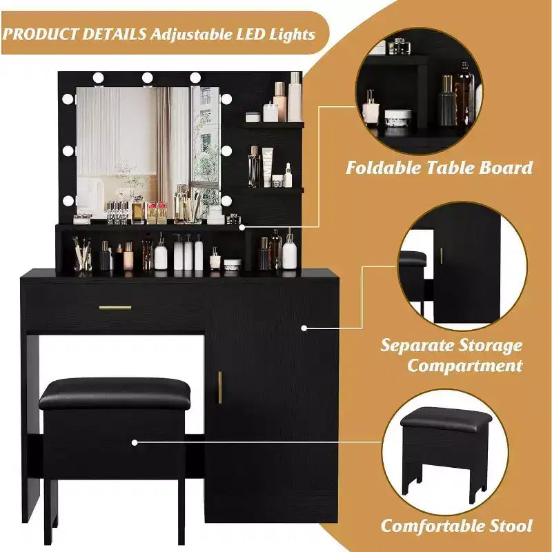 Acekool Ensemble de coiffeuse noire avec miroir, ampoules, tiroirs, étagères, tabouret rembourré, meuble de rangement, table de maquillage de chambre