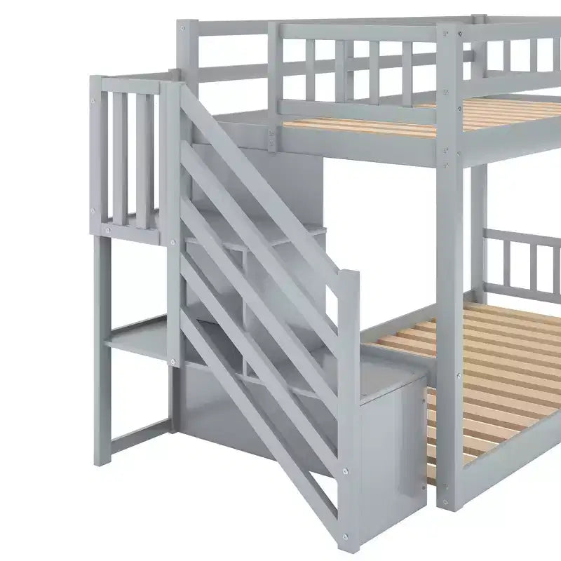 Lit superposé jumeau sur jumeau avec escalier et rangements pour adolescents, lits superposés bas en bois massif avec lattes de support en bois