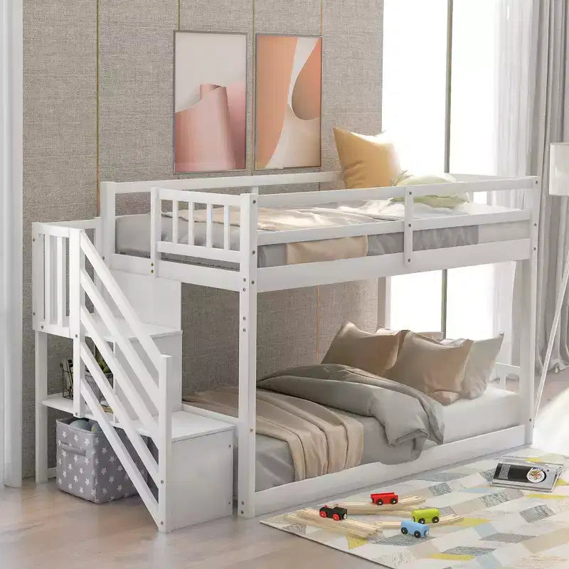 Lit superposé jumeau sur jumeau avec escalier et rangements pour adolescents, lits superposés bas en bois massif avec lattes de support en bois