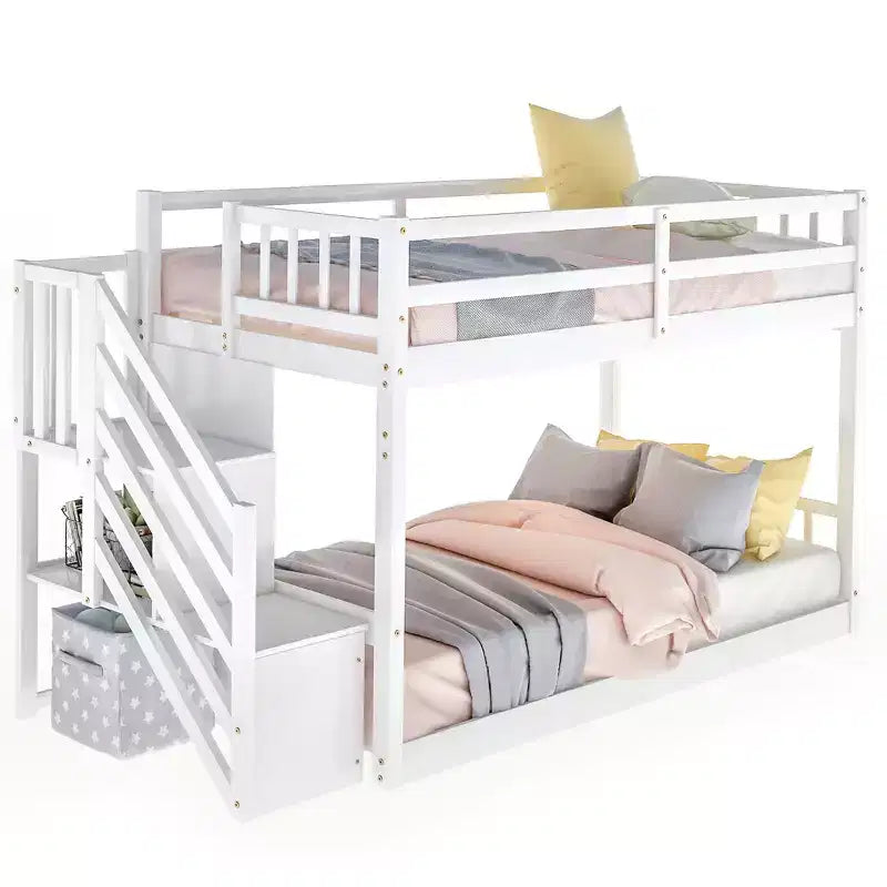 Lit superposé jumeau sur jumeau avec escalier et rangements pour adolescents, lits superposés bas en bois massif avec lattes de support en bois