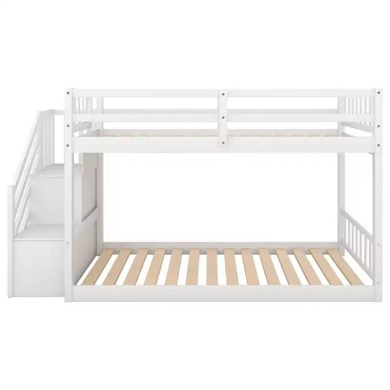 Lit superposé jumeau sur jumeau avec escalier et rangements pour adolescents, lits superposés bas en bois massif avec lattes de support en bois