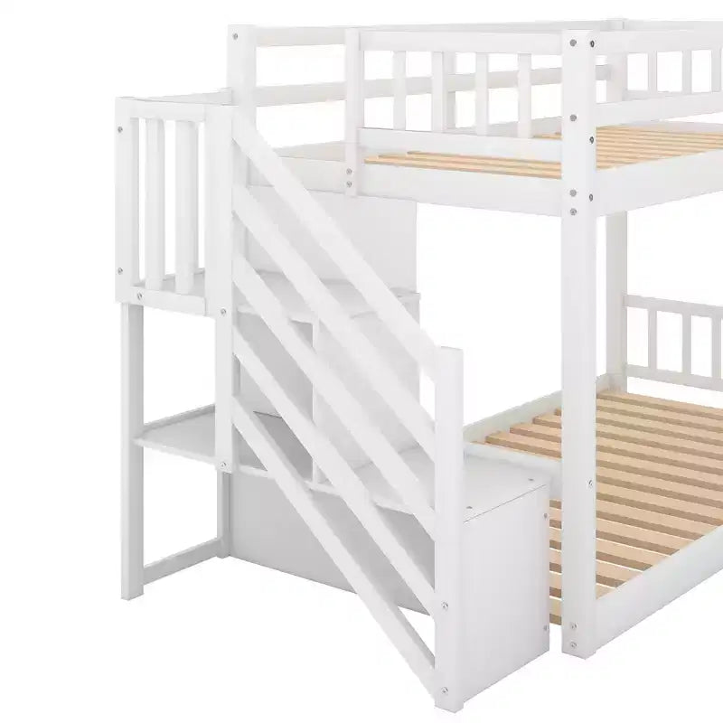 Lit superposé jumeau sur jumeau avec escalier et rangements pour adolescents, lits superposés bas en bois massif avec lattes de support en bois