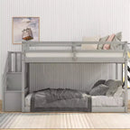 Lit superposé jumeau sur jumeau avec escalier et rangements pour adolescents, lits superposés bas en bois massif avec lattes de support en bois