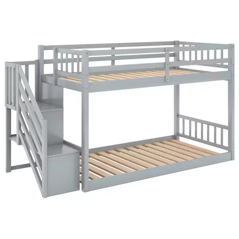 Lit superposé jumeau sur jumeau avec escalier et rangements pour adolescents, lits superposés bas en bois massif avec lattes de support en bois
