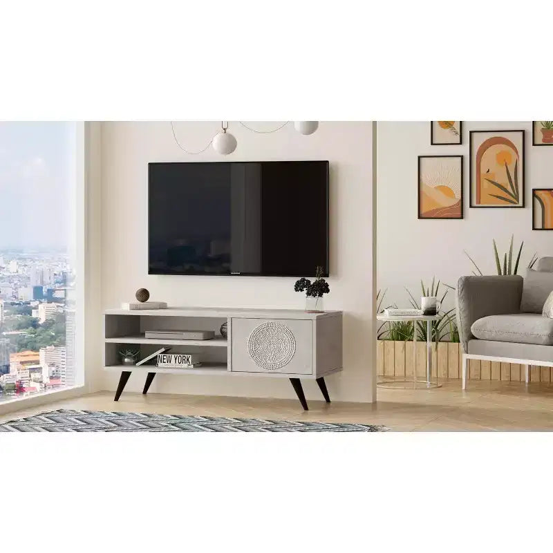 Meuble TV Cloud HomeStock avec pieds en bois 109 cm Pierre - Impression UV